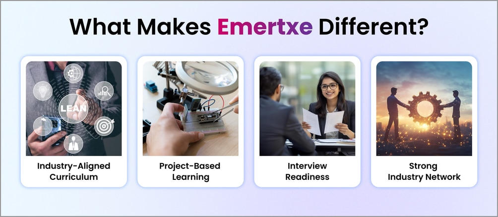 Emertxe highlights curriculum, projects, interview readiness, and industry network.