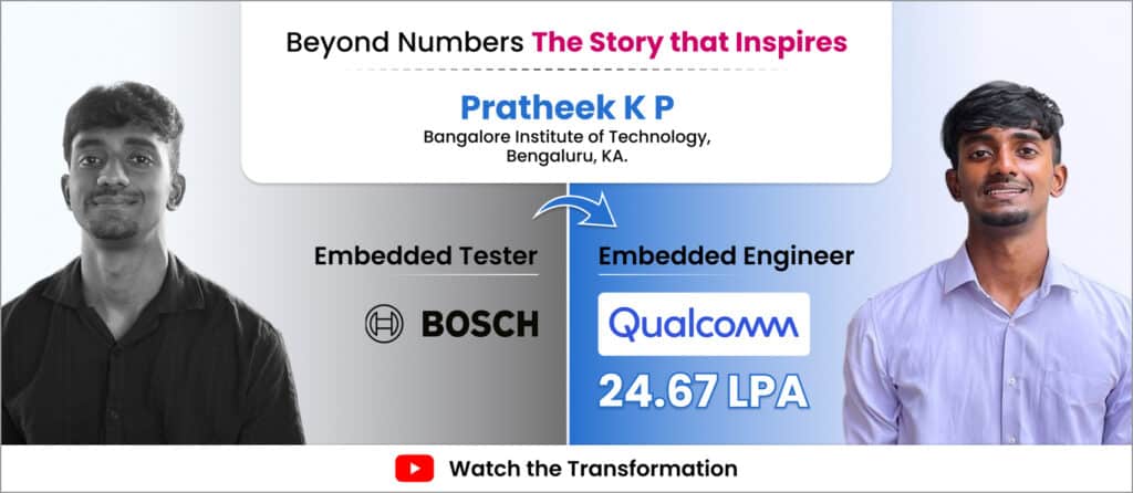 Emertxe student Pratheek’s journey from Bosch Embedded Tester to Qualcomm Embedded Engineer with 24.67 LPA offer.