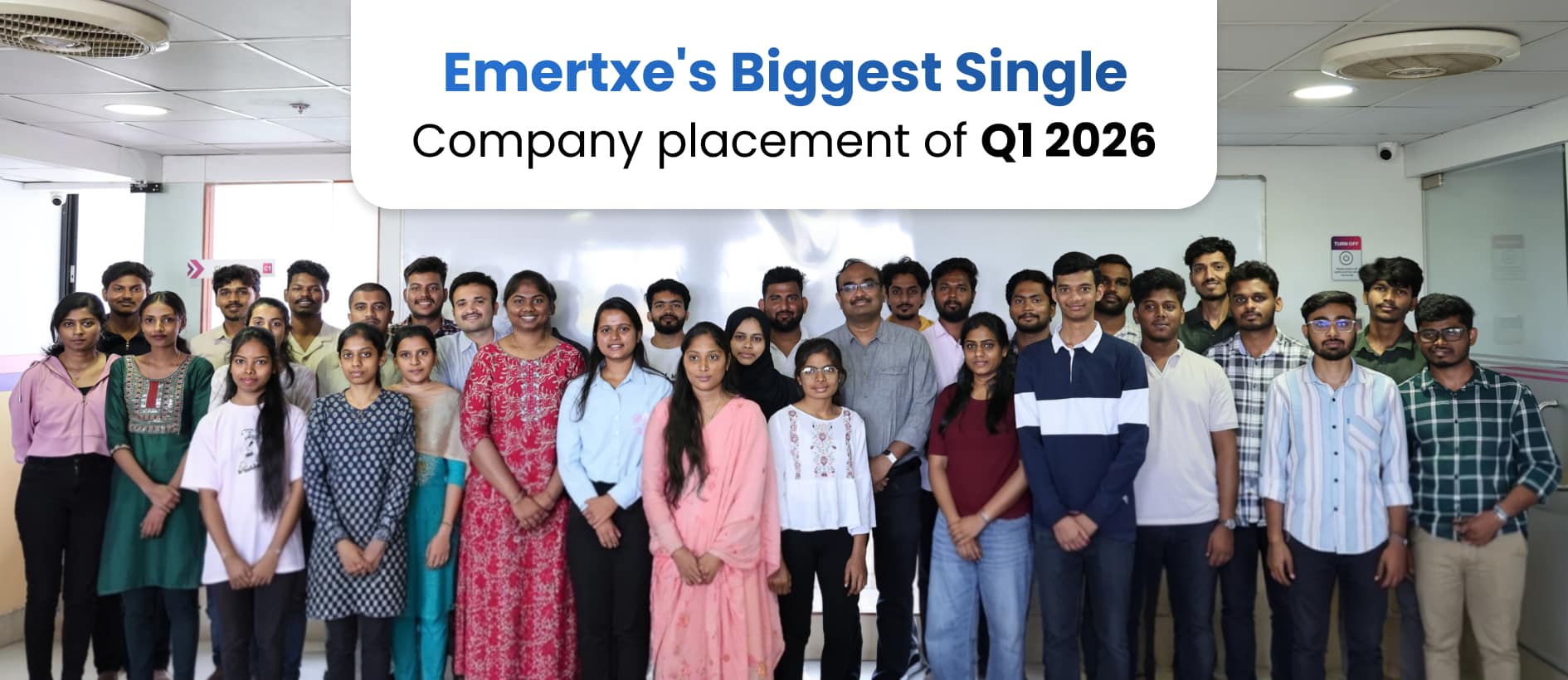 Emertxe students group photo showcasing biggest single company placement of Q1 2026 in embedded systems training