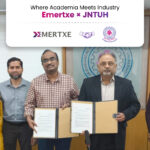 Emertxe and JNTUH teams posing together after MOU signing for embedded systems course with placement support - industry academia collaboration to create embedded systems jobs for freshers