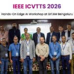 Group photo of delegates and the Emertxe Director at the IEEE ICVTTS 2026 Hands-On Edge AI Workshop, GITAM Bengaluru.